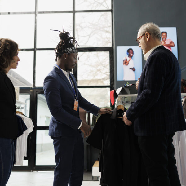 Elderly customer wanting to buy formal suit, asking showroom employee for help to choose the right clothes. Senior man buying fashionable merchandise and stylish accessories in clothing store